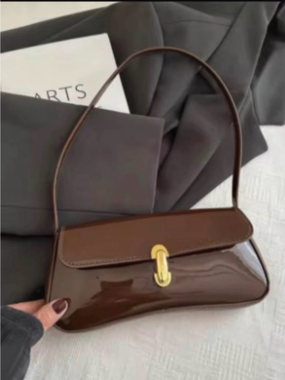 Brown Patent Shoulder Bag with Gold Turn-Lock